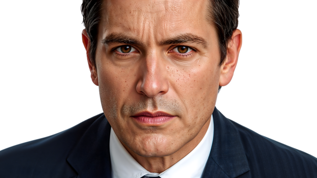 Confident businessman portrait with serious expression in suit and tie on the transparent background