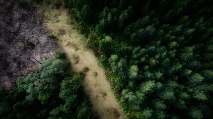 Aerial view of dense green forest bordering a barren cleared land area