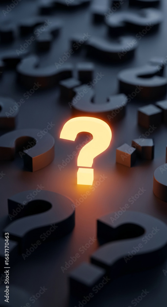 Poster glowing question mark among dark question marks, symbolizing finding answers, problem-solving, or un