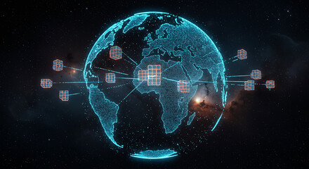 Global Digital Network: A futuristic depiction of a digital globe, interconnected with luminous data nodes, symbolizing the intricate web of global networks, data and technology in a dark setting.