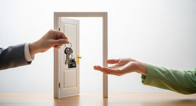 Real estate agent handing over house keys to new home owner property investment concept