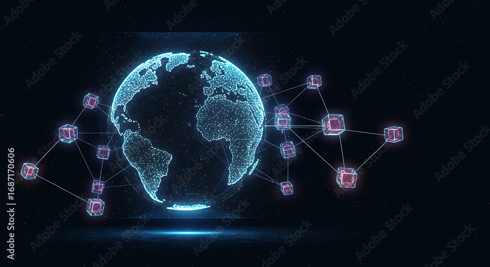 Aufkleber digital globe connection: a digitally rendered globe is intricately interconnected, symbolizing glob
