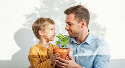 Father and son gardening together planting basil in pot home garden family time happy dad
