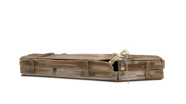 Skeleton hand with key in wooden coffin