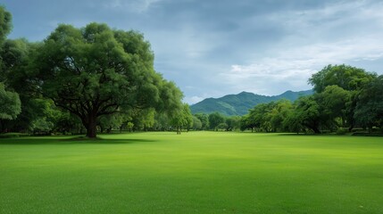 Obraz premium Lush green landscape under a clear blue sky with trees