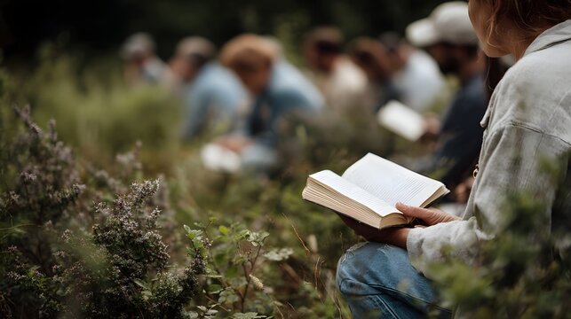 People reading books outdoors during an environmental learning session