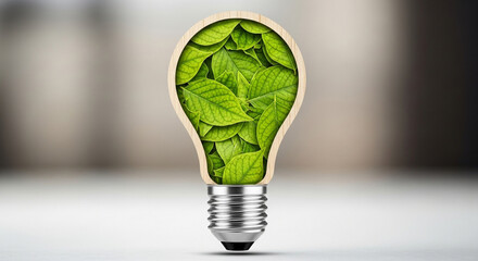 Eco friendly light bulb with green leaves inside concept for renewable energy solutions