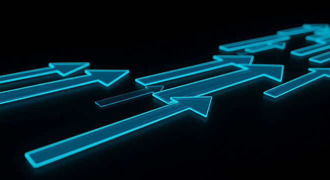 Navigating the Ascent: A compelling image of multiple teal arrows dynamically converging, set against a sleek black backdrop, symbolizing progress and trajectory. 