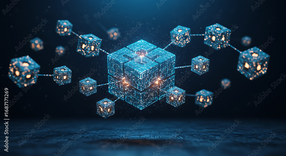 Poster blockchain network: a futuristic representation of a blockchain network, showcasing interconnected d