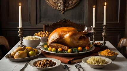 Thanksgiving Dinner Table with Roast Turkey Fruits and Festive Decorations in a Palace