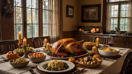Thanksgiving Dinner Table with Plenty Of Food Roast Turkey Fruits and Festive Decorations