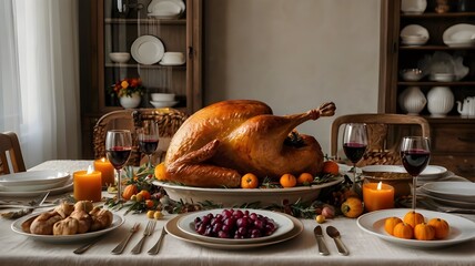 Thanksgiving Dinner Table with Roast Turkey and Festive Decorations