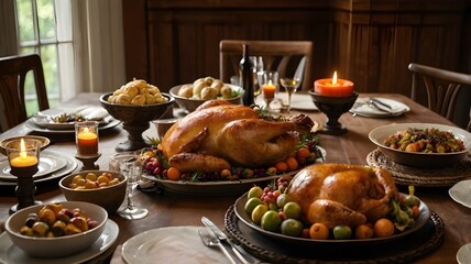 Thanksgiving Dinner Table with Two Roast Turkey Fruits and Festive Decorations
