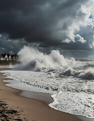 A dramatic stormy scene at the beach with large waves crashing onto the shore, creating a powerful and intense atmosphere