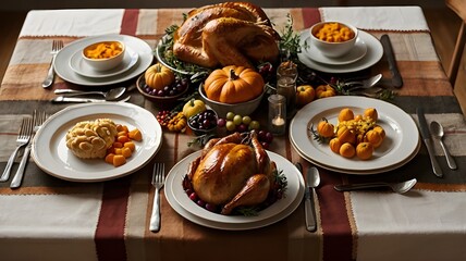 Thanksgiving Dinner Table with Roast Turkey Fruits and Festive Decorations