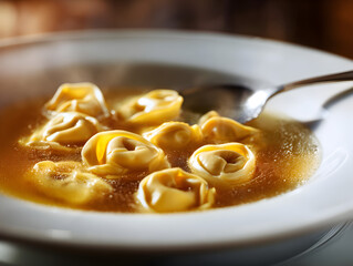 Tortellini in Broth: Italian Pasta Soup with Spoon, Close-Up