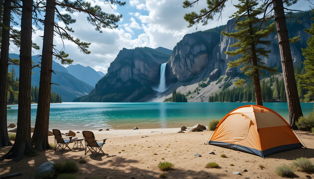 Idyllic campsite with a tent on a lakeside beach overlooking a waterfall and mountains. - Powered by Adobe