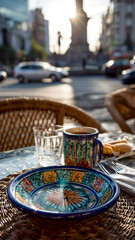 Fototapeta premium Outdoor cafe scene: Colorful plate and mug on a wicker table, bathed in warm sunlight with a city street in the background.
