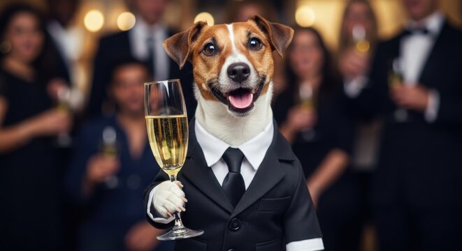 Dog in Tuxedo Holding Champagne Glass at Celebration with Blurred Guests in Background