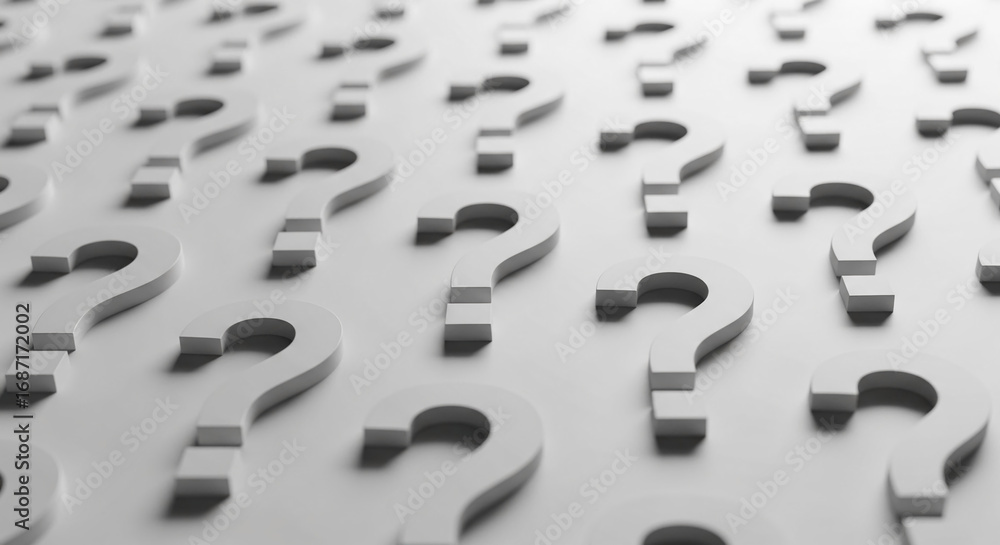 Poster numerous white question marks arranged on a light gray surface create a textured background, symboli