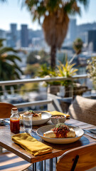 Al fresco dining: Gourmet burritos topped with savory sauce served on a stylish terrace with a stunning cityscape view. 