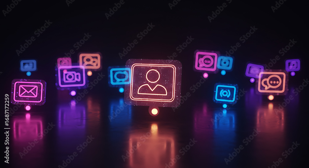 Poster digital network icon: a neon-lit digital network icon showcases the interconnectedness of modern com