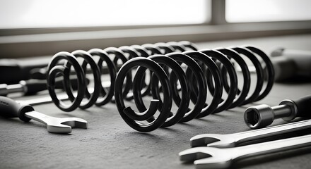 Close-up view of several coil springs in a mechanic's workshop, automotive suspension component with spanners and tools, automobile repair