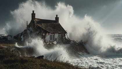 A rugged cottage stands resilient against the relentless force of crashing waves in a stormy coastal landscape 