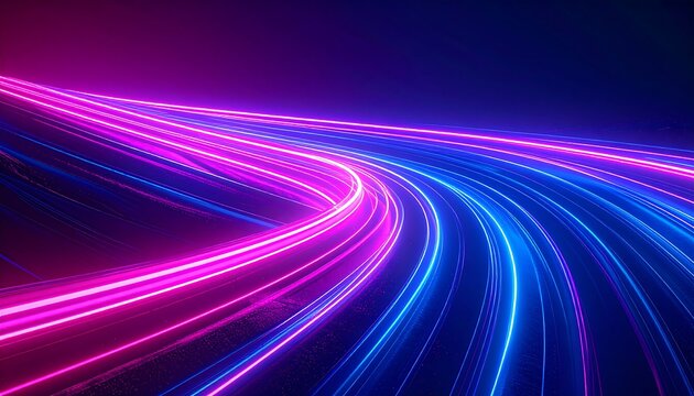 Abstract neon light trails curving through darkness