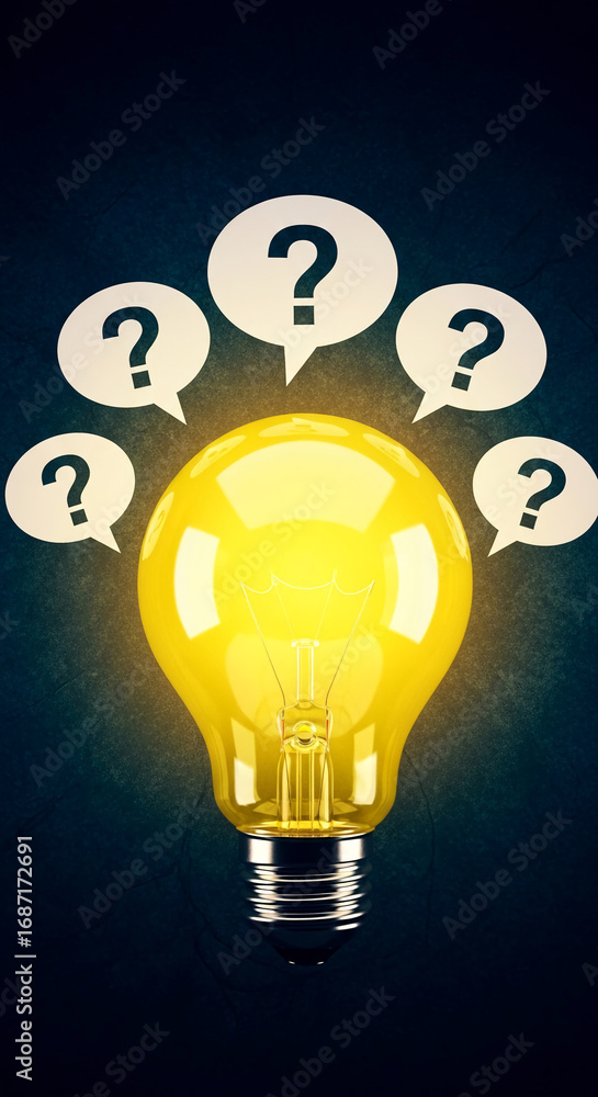 Poster illuminated yellow bulb surrounded by question mark speech bubbles, representing problem-solving, id