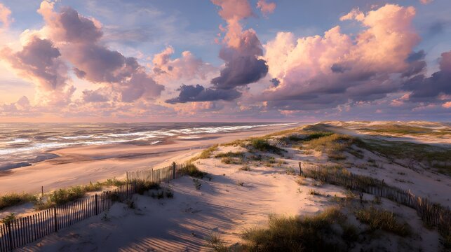 Beautiful beach landscape with sand dunes ocean waves and cloudy sky scenic view for travel and vacation