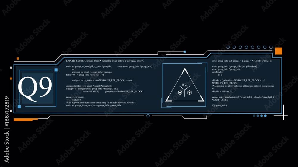 Poster futuristic hud display with code and geometric shapes, q9