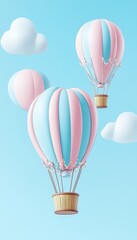 Whimsical Pastel Hot Air Balloons Floating in a Clear Blue Sky with Cartoon Clouds - Festive Celebration and Travel Illustration
