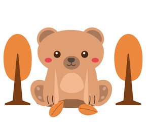 熊と紅葉。森のくまさん。秋の植物と動物。ベクターイラスト
