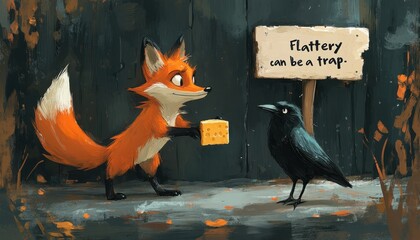 Clever Fox Tricks Raven with Cheese and a Sign Warning About Flattery in Artful Illustration