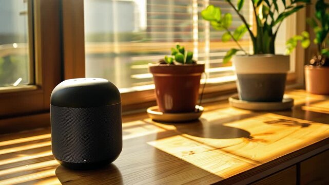 Sunlight fills a bright room highlighting a smart speaker on a wooden table surrounded by potted plants, creating a warm atmosphere