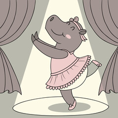 Cute cartoon hippo ballerina wearing a pink tutu and ballet slippers performing on stage © Miasahin
