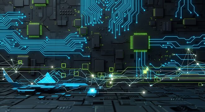 Futuristic high-tech background showing glowing blue circuit board pathways and data processing through a complex digital network concept