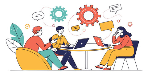 Diverse team collaborating on laptops around a table with gears and speech bubbles symbolizing teamwork and ideas