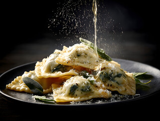 Delicious Ravioli with Sage and Parmesan Cheese, Olive Oil Drizzle - Gourmet Italian Cuisine