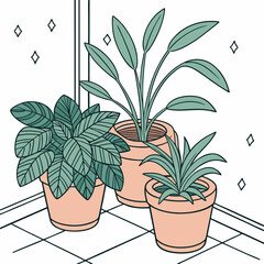 Three potted houseplants with green leaves and peach colored pots on a tiled floor near a window