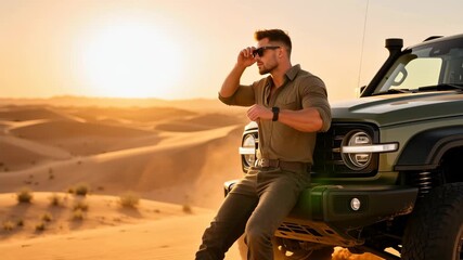 Stylish young man in sunglasses leans against an off‑road SUV on golden desert dunes at sunset, exuding adventure and confidence as sand swirls around the rugged vehicle.