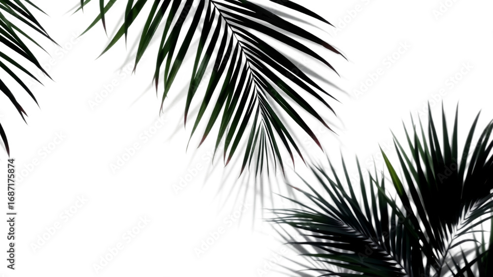 Poster palm branches shadow on white background realistic palm leaf border shadow blank mock up transparent