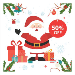 Santa Claus Christmas Sale Banner with 50 Percent Off Tag, Gifts and Snowflakes, Holiday Promotion