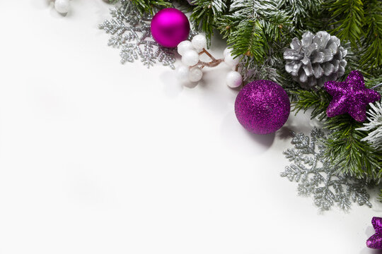 Christmas card with fir branches and Christmas decorations