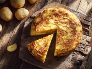 Spanish Tortilla on Rustic Wood: Traditional Potato Omelette with Slice Removed, Overhead View