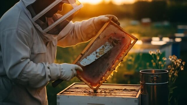 Beekeeper harvesting honey from honeycomb frame in apiary at sunset, showcasing the process of beekeeping and honey production in a warm and golden light.