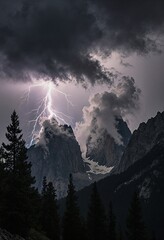 A dramatic lightning bolt illuminates a towering mountain peak shrouded in clouds, surrounded by dense pine trees 