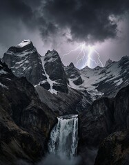A dramatic lightning strike illuminates a snowcapped mountain range, casting an eerie glow over a rugged waterfall and surrounding peaks 