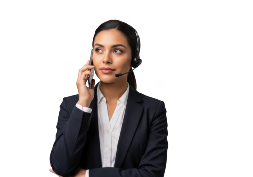 Professional businesswoman customer service representative talking on phone with headset png image stock photo isolated on transparent background - Powered by Adobe